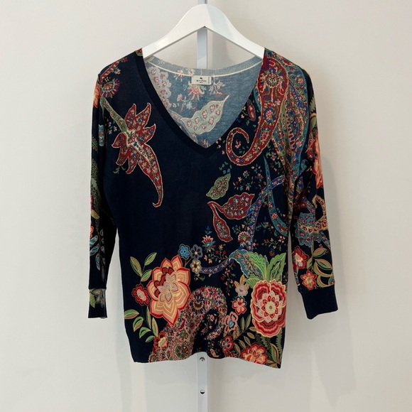 ETRO NAVY MULTI FLORAL CASHMERE SILK SWEATER SIZE IT 44 / US 10